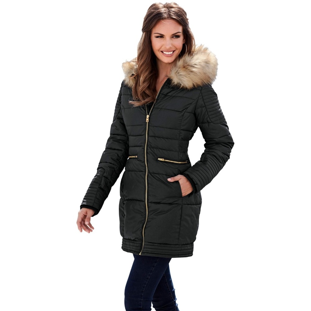 NEW Nicole Miller Black Winter Puffer Coat W/ Faux Fur Hood Gold Zippers Small